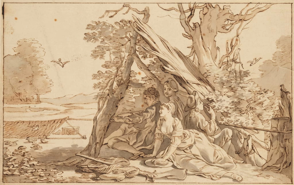   168-Giovanni Lanfranco-Tre giovani uomini e una donna sotto una tettoia-Ashmolean Museum, University of Oxford